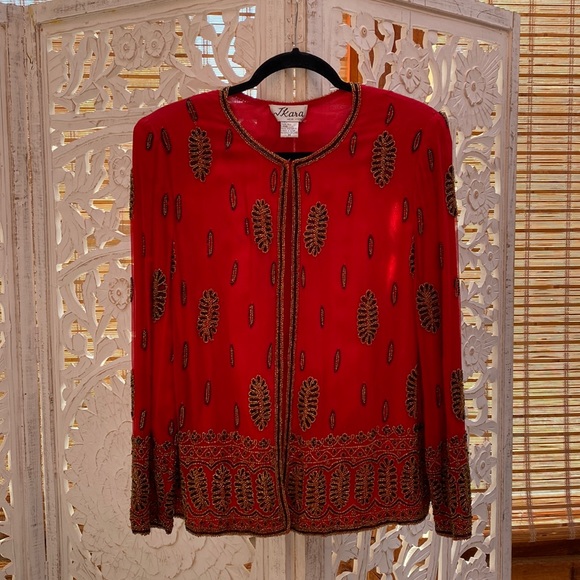 Glamorous red silk  embellished Silk women’s vintage jacket-Medium - Picture 1 of 16
